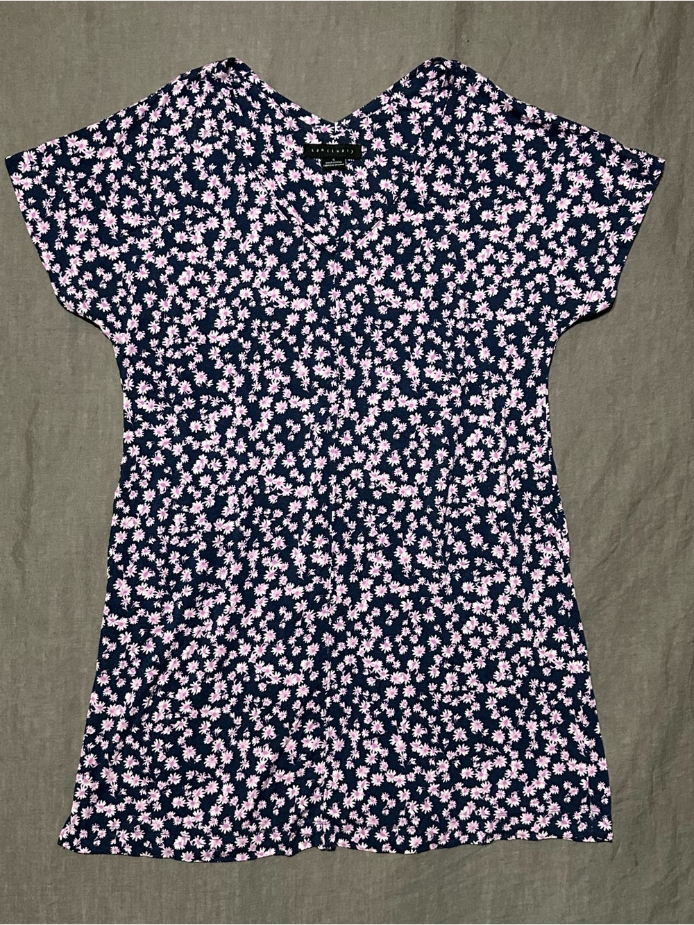 Sanctuary Navy V-Neck Flutter Sleeve Dress with Pink Floral Print